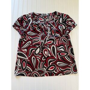 Ann Taylor Women's Short Sleeve 1/4 Button Blouse Red White Black 10 Office